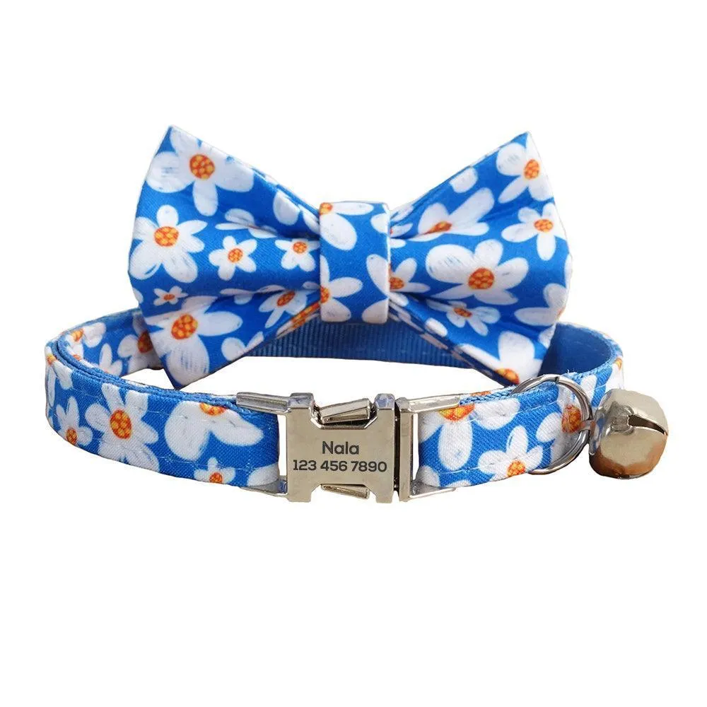 Flower Adjustable Personalized Cat Collar With Removable Bell & Bowtie
