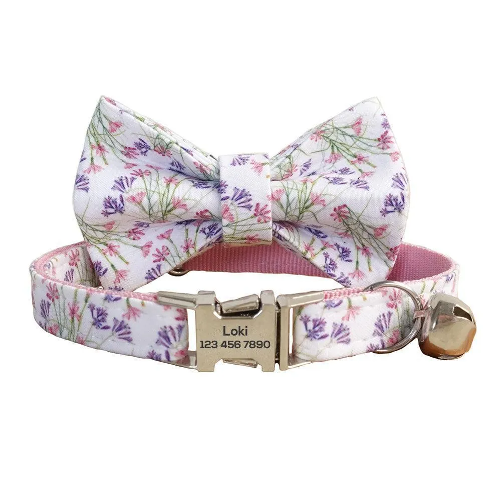 Flower Adjustable Personalized Cat Collar With Removable Bell & Bowtie