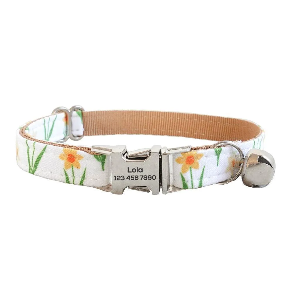 Flower Adjustable Personalized Cat Collar With Removable Bell & Bowtie