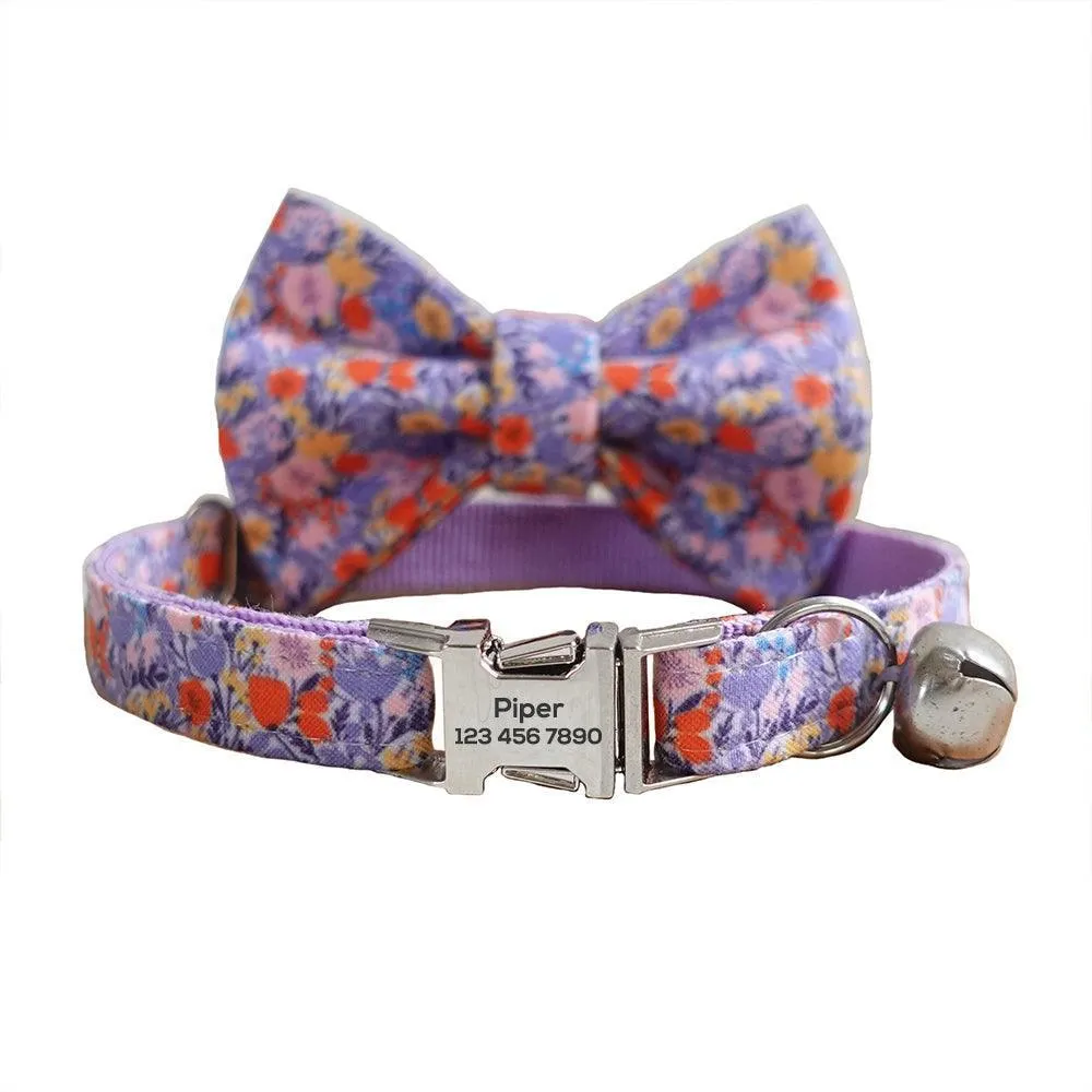 Flower Adjustable Personalized Cat Collar With Removable Bell & Bowtie