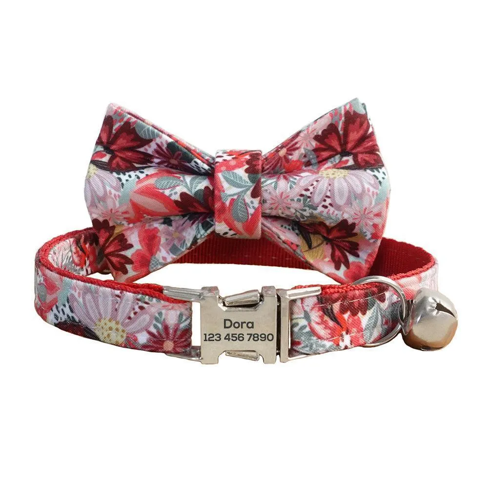Flower Adjustable Personalized Cat Collar With Removable Bell & Bowtie