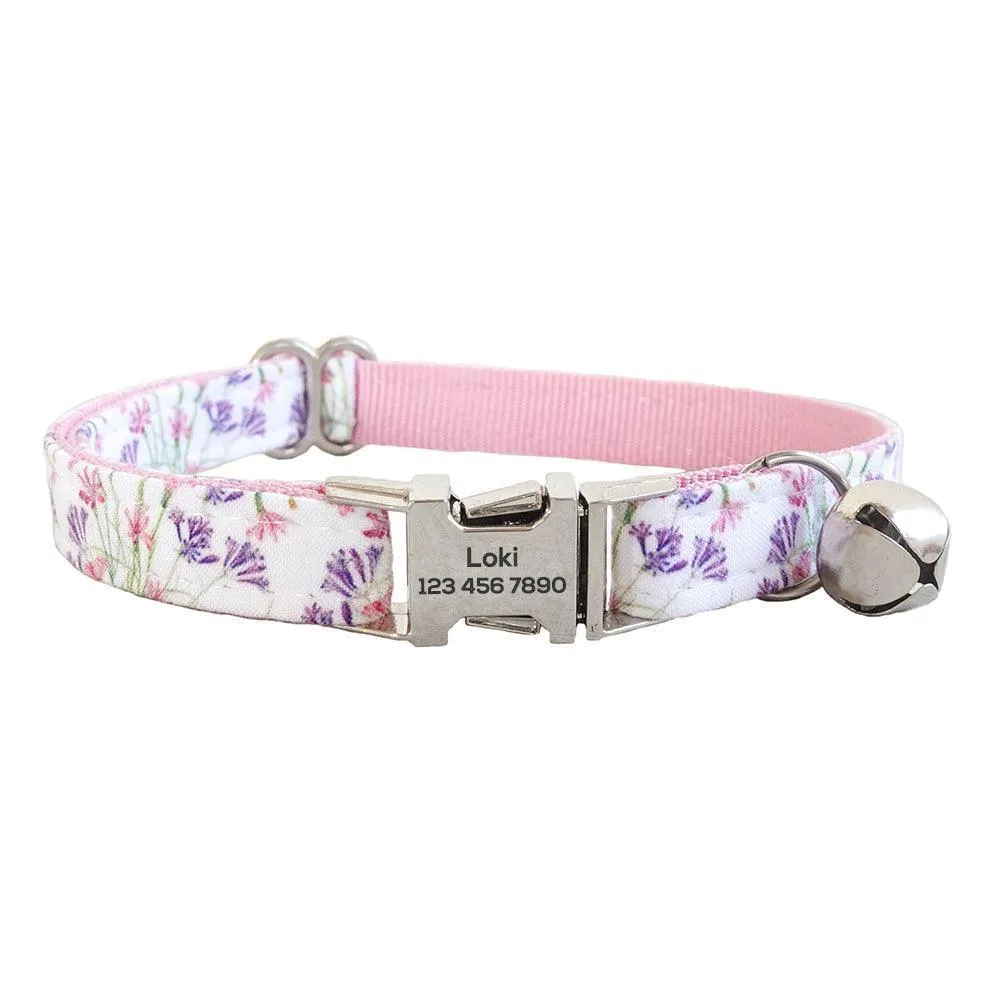 Flower Adjustable Personalized Cat Collar With Removable Bell & Bowtie