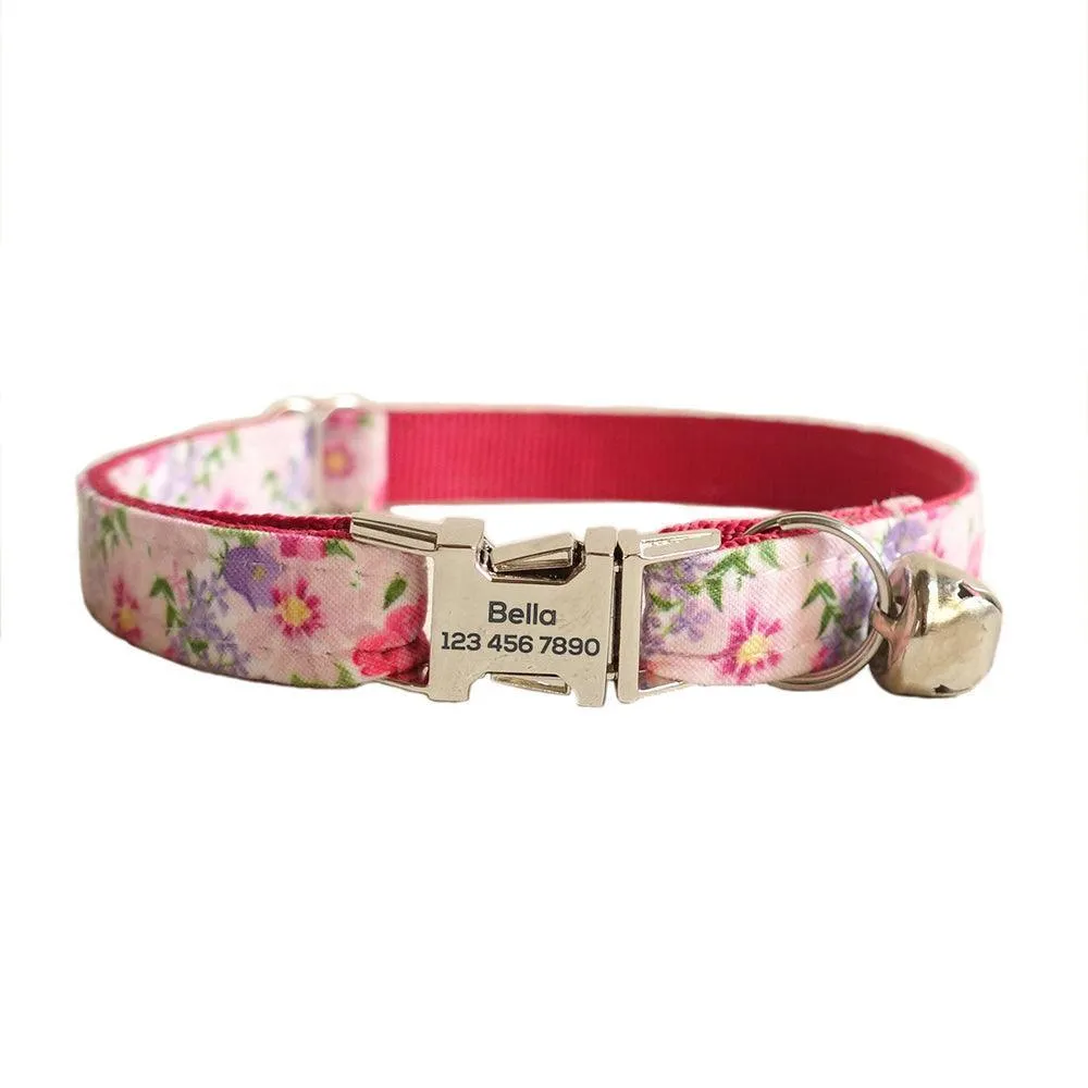 Flower Adjustable Personalized Cat Collar With Removable Bell & Bowtie
