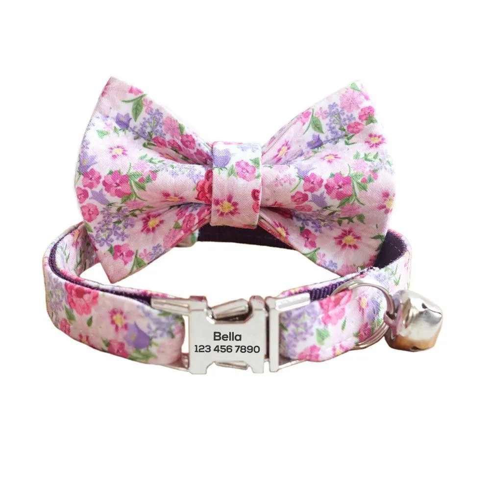 Flower Adjustable Personalized Cat Collar With Removable Bell & Bowtie