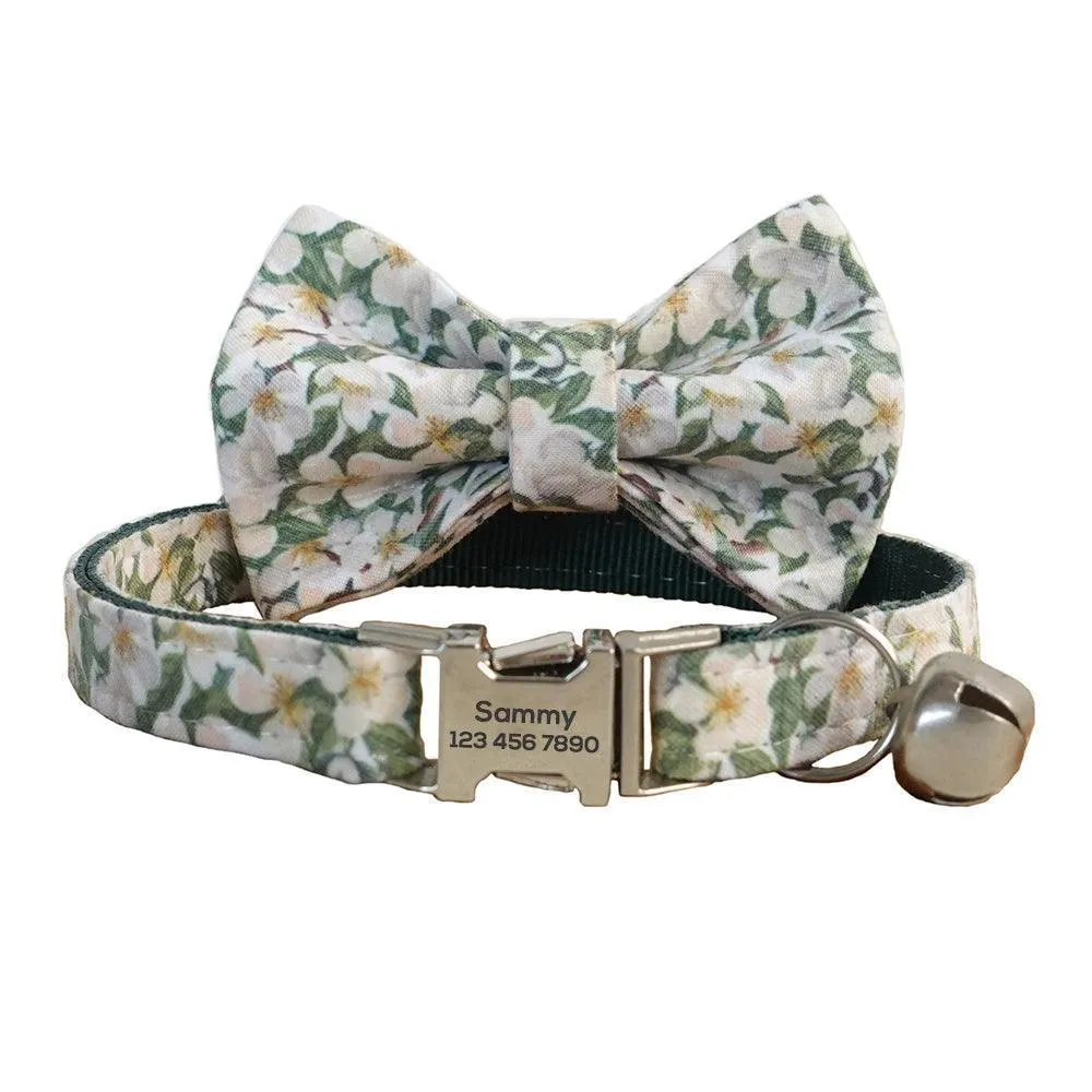 Flower Adjustable Personalized Cat Collar With Removable Bell & Bowtie