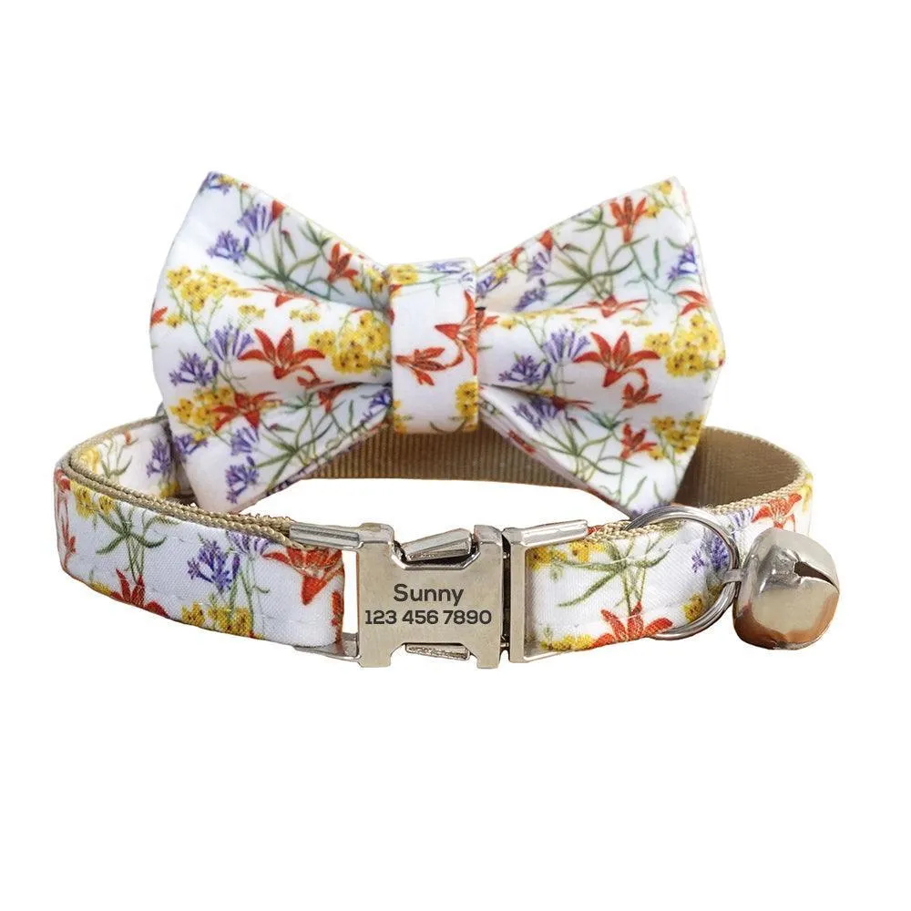 Flower Adjustable Personalized Cat Collar With Removable Bell & Bowtie