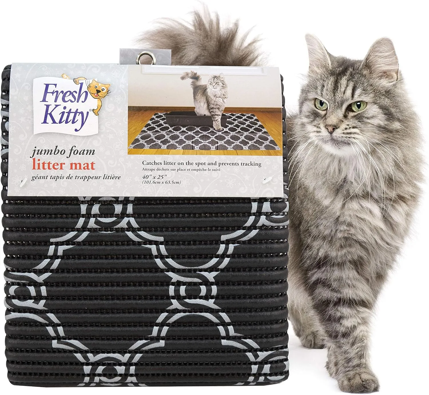 Fresh Kitty Durable XL Jumbo Foam Litter Box Mat  No Phthalate, Water Resistant, Traps Litter from Box, Scatter Control, Easy Clean Mats  Black & White 40"x 25", Black/White Quatrefoil (9036)