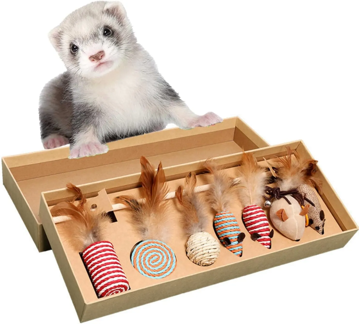 HAICHEN TEC 7 Pack Ferret Toys - Interactive Ferret Toys Assortments Feather Teaser Wand with Sisal Mice Balls and Bells Toys for Ferret Cat Kitten Puppy (7 Pack)