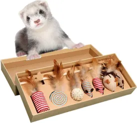 HAICHEN TEC 7 Pack Ferret Toys - Interactive Ferret Toys Assortments Feather Teaser Wand with Sisal Mice Balls and Bells Toys for Ferret Cat Kitten Puppy (7 Pack)