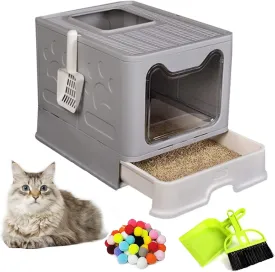 Hamiledyi Foldable Large Cat Litter Box with Drawer Top Entry - Anti-Splashing Cat Toilet with Lid - Includes Scoop & Suppresses Odors for Cats & Kittens - Gray