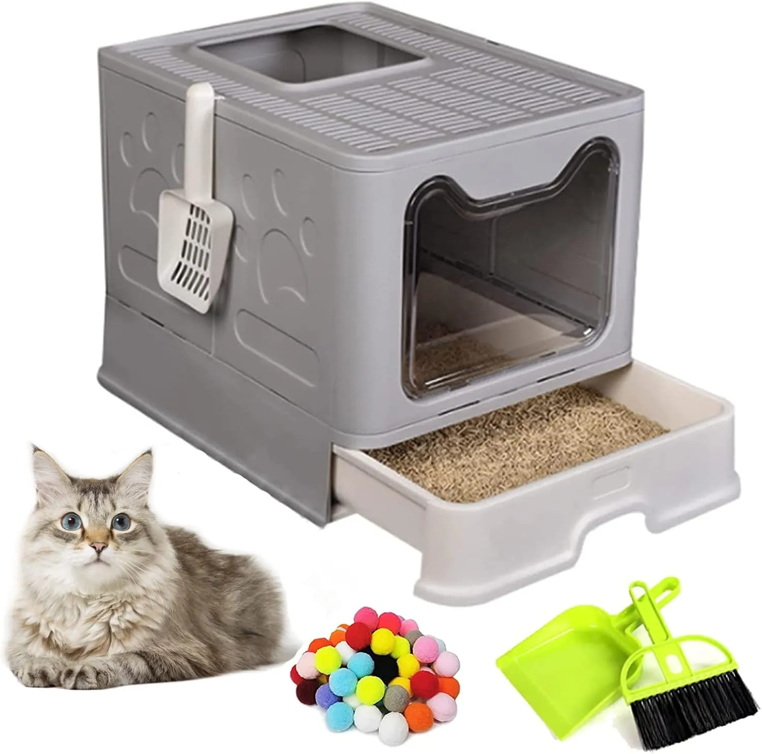 Hamiledyi Foldable Large Cat Litter Box with Drawer Top Entry - Anti-Splashing Cat Toilet with Lid - Includes Scoop & Suppresses Odors for Cats & Kittens - Gray