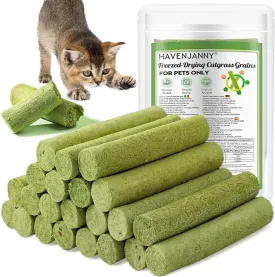 HavenJanny 100g Cat Grass Teething Stick, Freezed Drying Cat Grass Sticks Snacks for Cats, Edible Cat Treats for Teeth Cleaning and Hairball Removal