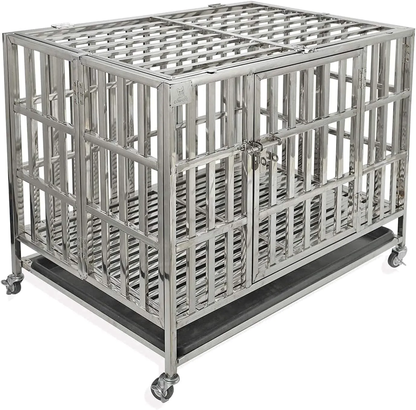 Heavy Duty Large Dog Crate, Stainless Steel Dog Crate Cage Kennel, Indestructible, with Rolling Wheels, Double Door, Removable Tray (42 INCH)
