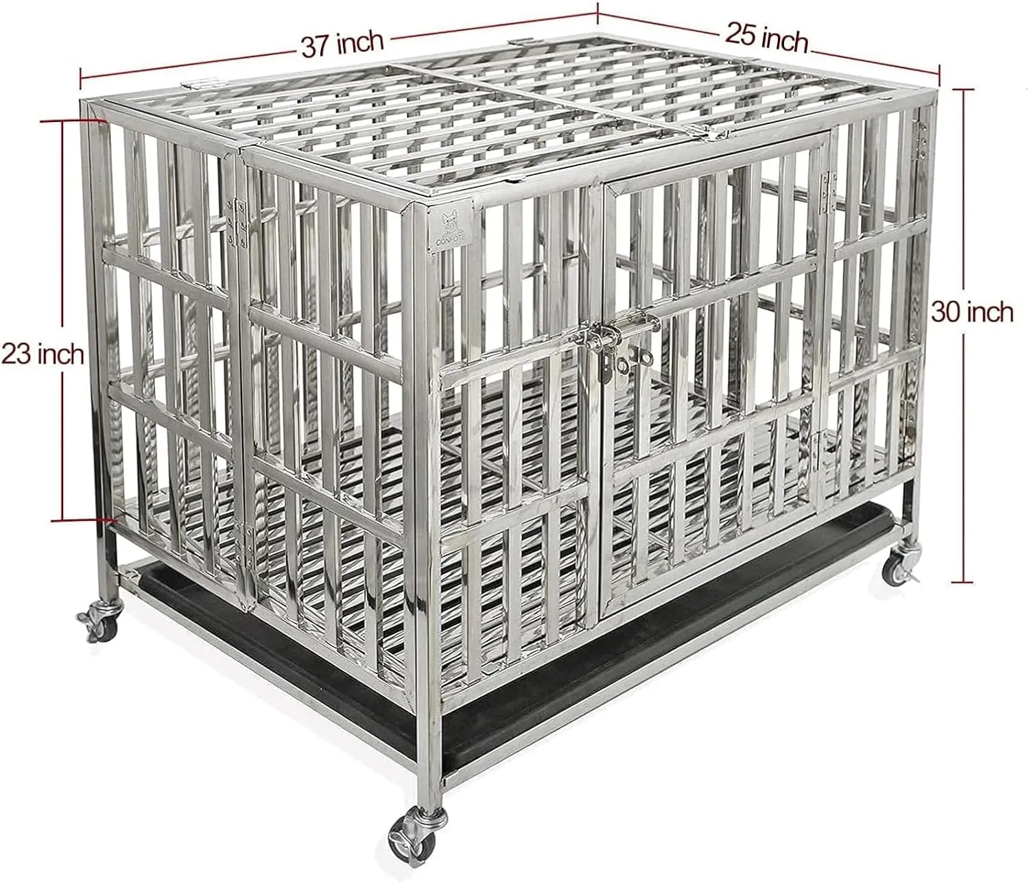 Heavy Duty Large Dog Crate, Stainless Steel Dog Crate Cage Kennel, Indestructible, with Rolling Wheels, Double Door, Removable Tray (42 INCH)