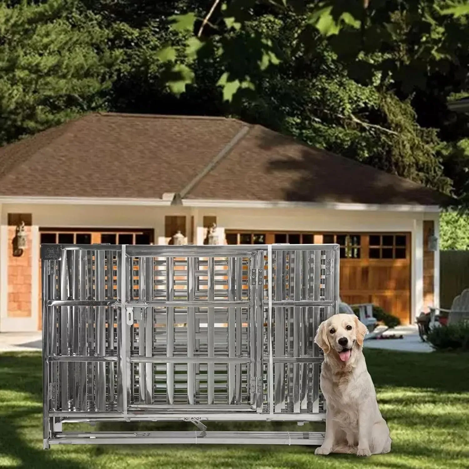 Heavy Duty Large Dog Crate, Stainless Steel Dog Crate Cage Kennel, Indestructible, with Rolling Wheels, Double Door, Removable Tray (42 INCH)