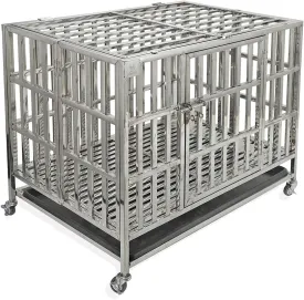 Heavy Duty Large Dog Crate, Stainless Steel Dog Crate Cage Kennel, Indestructible, with Rolling Wheels, Double Door, Removable Tray (42 INCH)