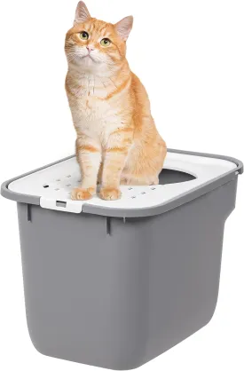 IRIS USA Cat Litter Box, Large Cat Box Enclosure, Top Entry with Litter Catching Lid, Enclosed, Gray/White