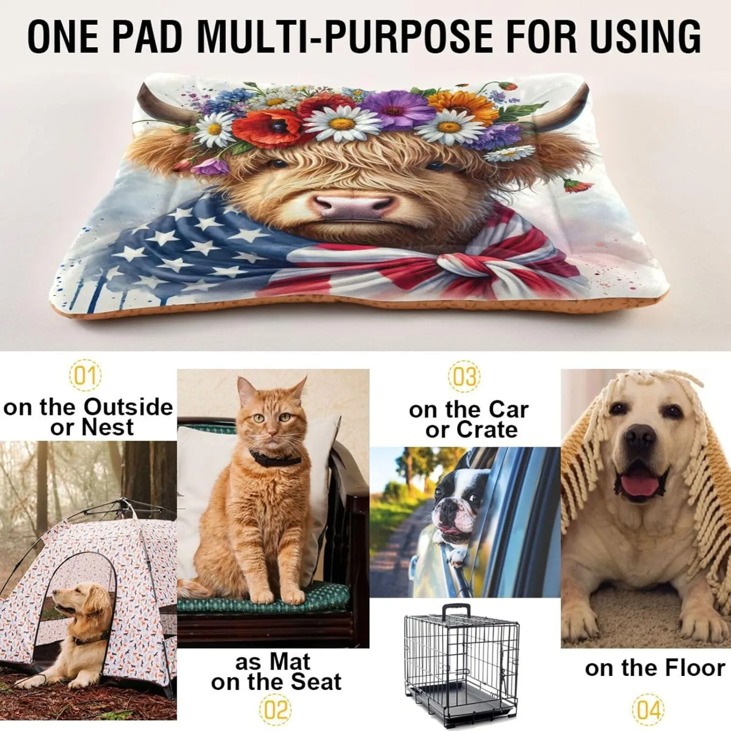 Joko Ivery Flag Watercolor Highland Cow Dog Cat Bed for Crate Soft Crate Pad Anti Slip Sleeping Mats Machine Washable Crate Mat for Puppy Dogs Cats Indoor Pet Supplies 2418 in