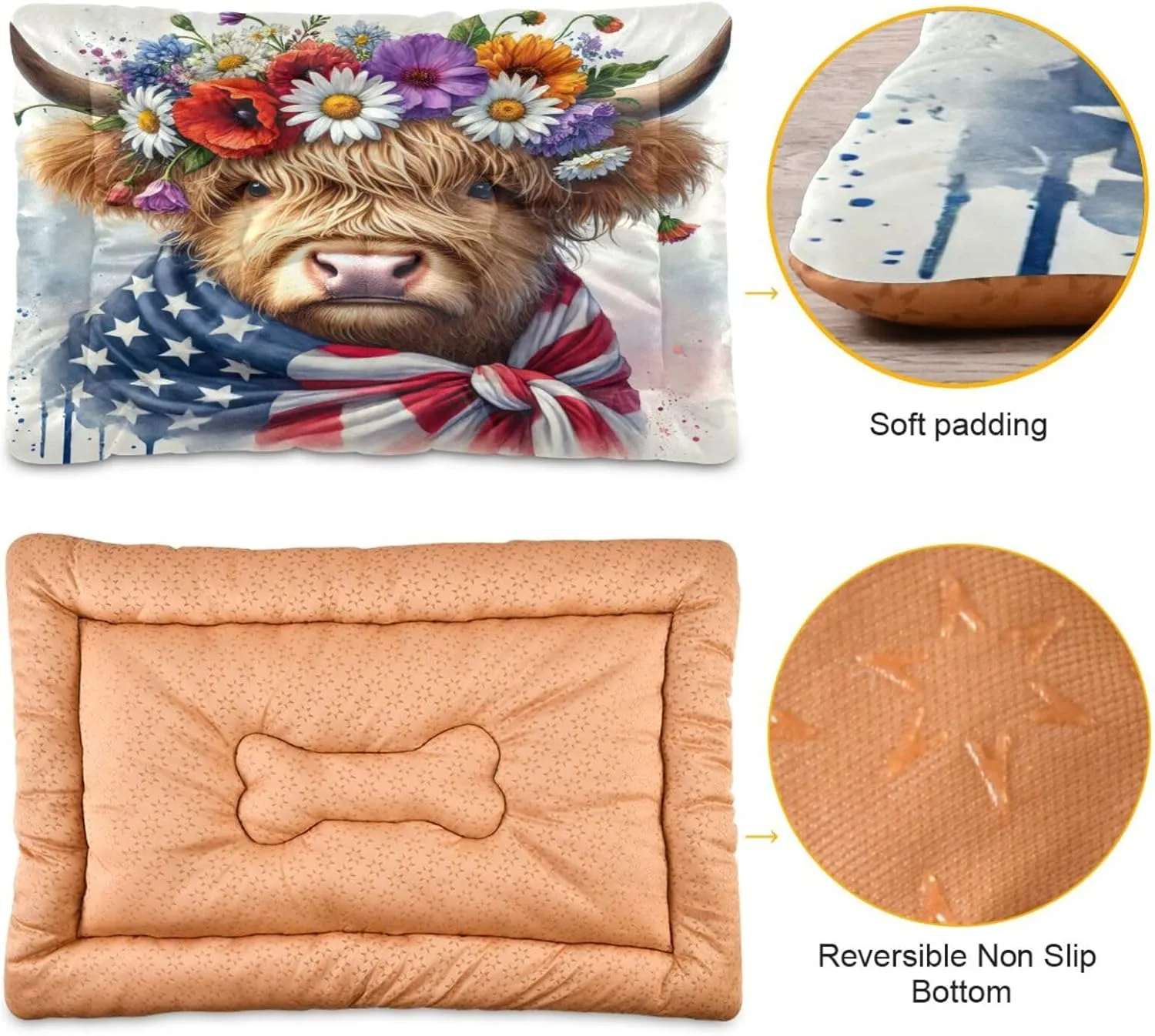 Joko Ivery Flag Watercolor Highland Cow Dog Cat Bed for Crate Soft Crate Pad Anti Slip Sleeping Mats Machine Washable Crate Mat for Puppy Dogs Cats Indoor Pet Supplies 2418 in