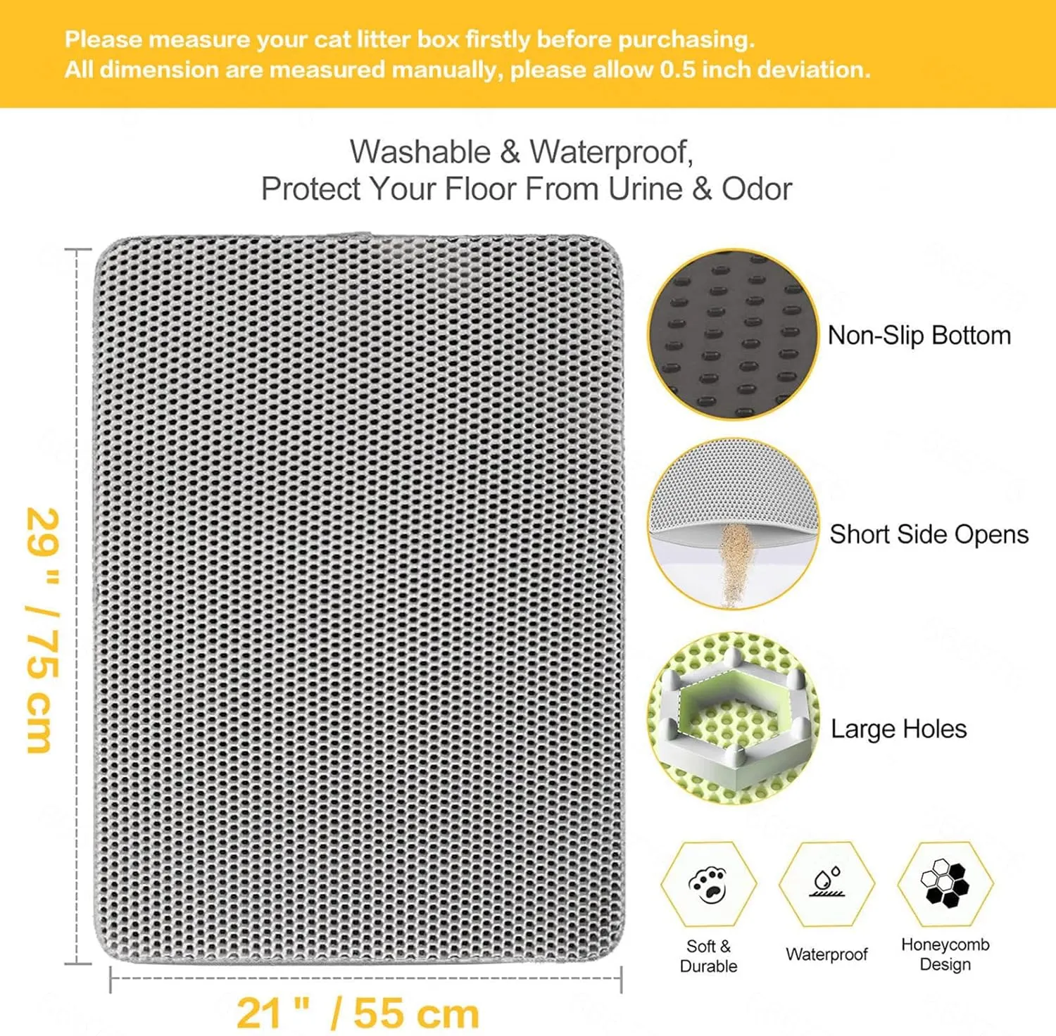 Litter Box Mat, Honeycomb Double Layer Easy Clean Cat Litter Trap Mat Less Waste,Soft On Paws,Non-Slip, Mats for Cat Litter Boxes,Green-L