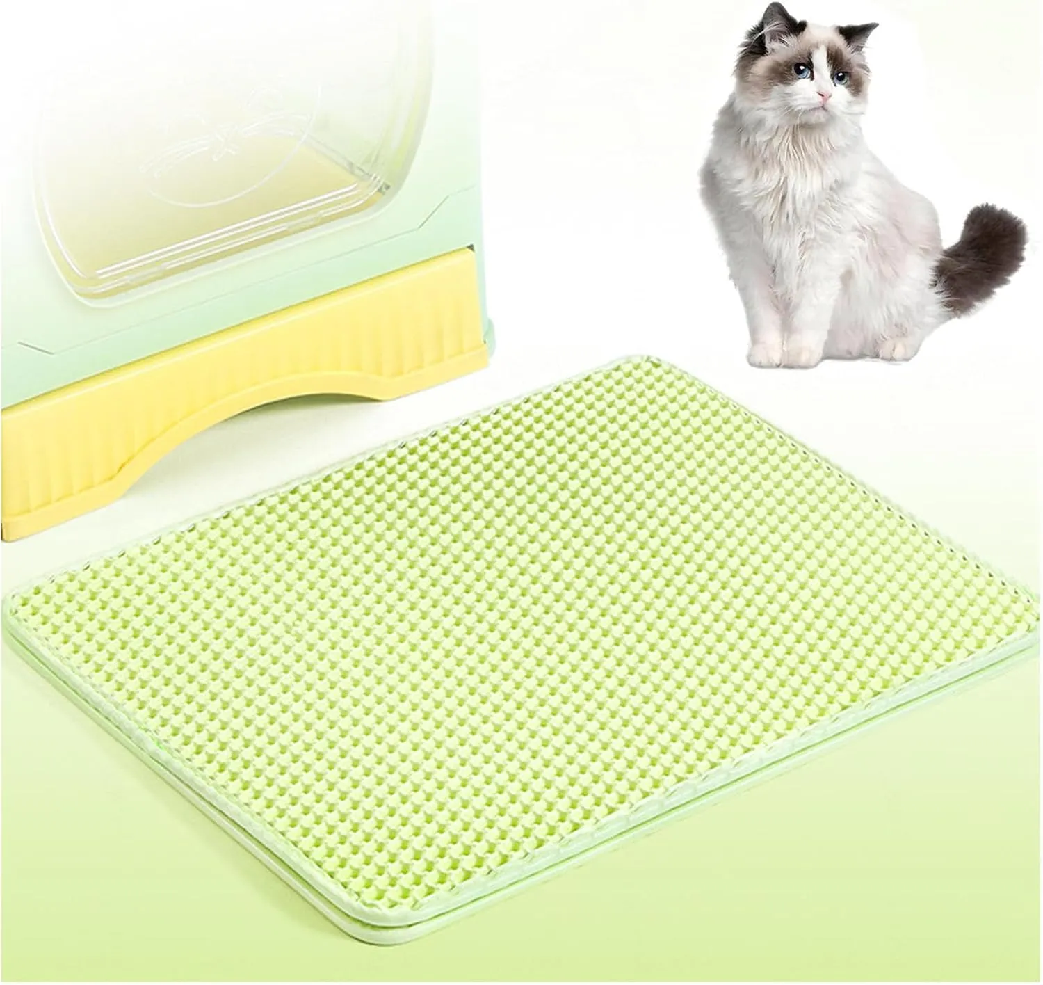 Litter Box Mat, Honeycomb Double Layer Easy Clean Cat Litter Trap Mat Less Waste,Soft On Paws,Non-Slip, Mats for Cat Litter Boxes,Green-L