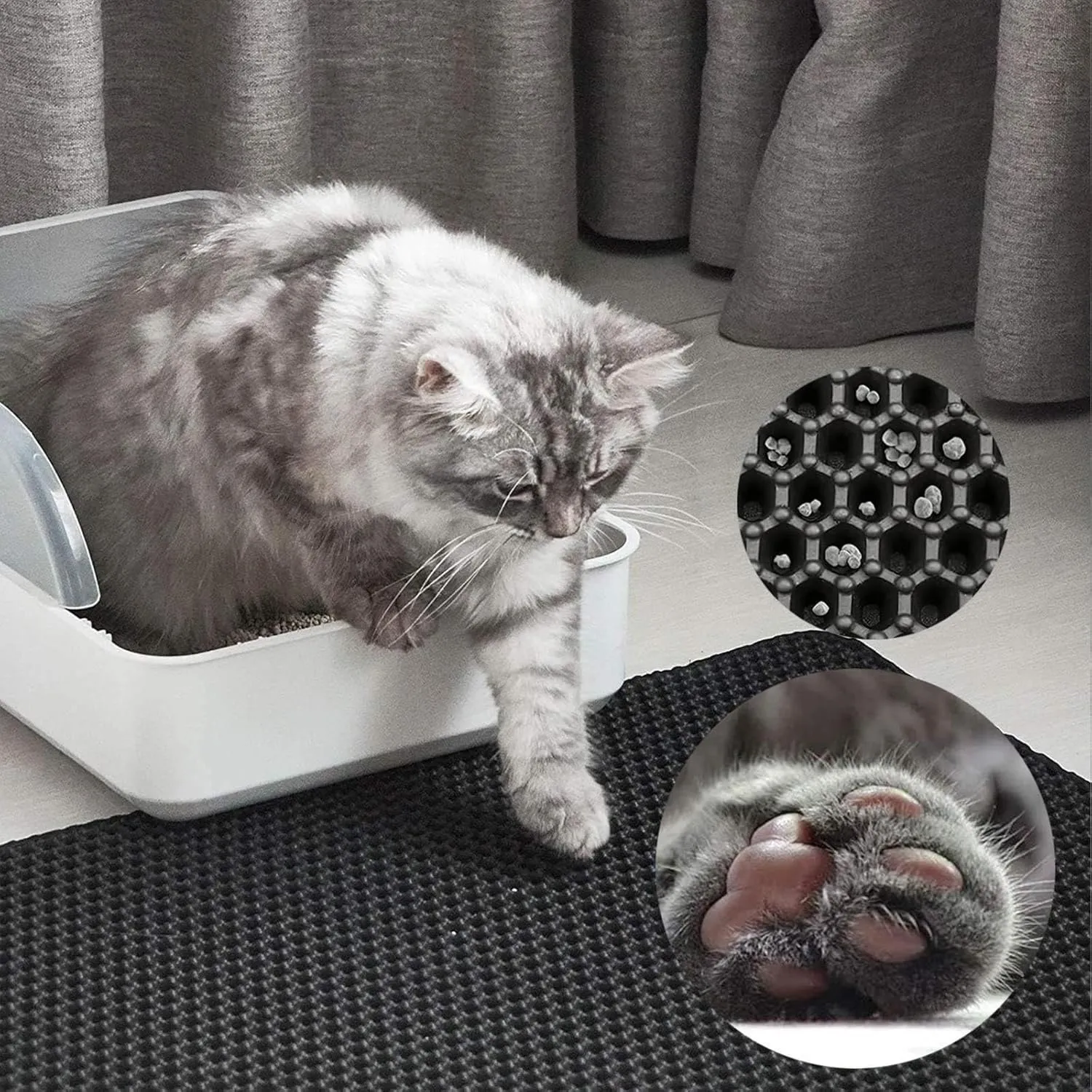Litter Box Mat, Honeycomb Double Layer Easy Clean Cat Litter Trap Mat Less Waste,Soft On Paws,Non-Slip, Mats for Cat Litter Boxes,Green-L