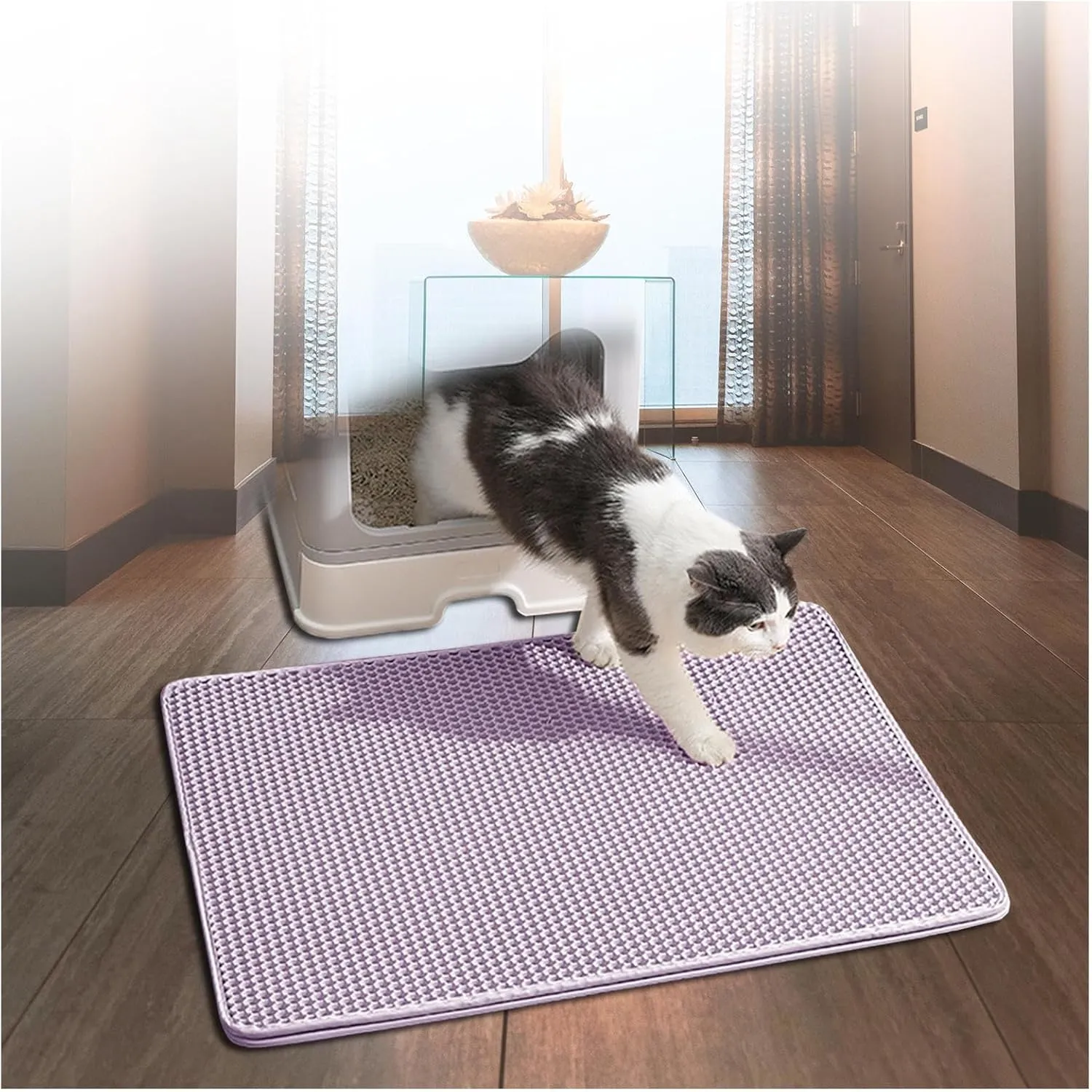 Litter Mat, Honeycomb Double Layer Easy Clean Cat Litter Trap Mats Less Waste,Soft On Paws,Non-Slip, Cat Litter Catcher,Purple-M