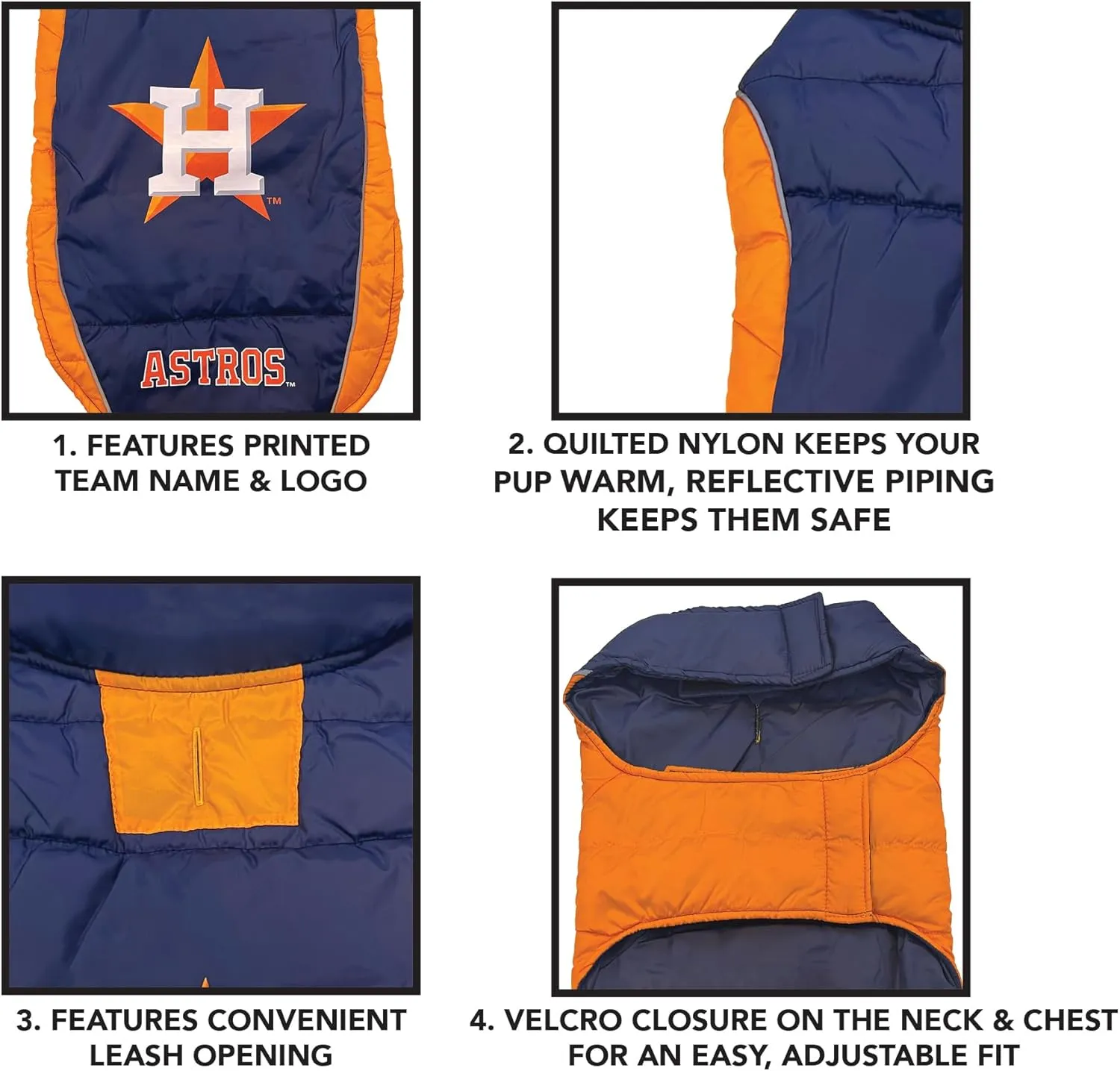 MLB Houston Astros Puffer Vest for Dogs & Cats, Size Medium. Warm, Cozy, and Waterproof Dog Coat, for Small and Large Dogs/Cats. Best MLB Licensed PET Warming Sports Jacket