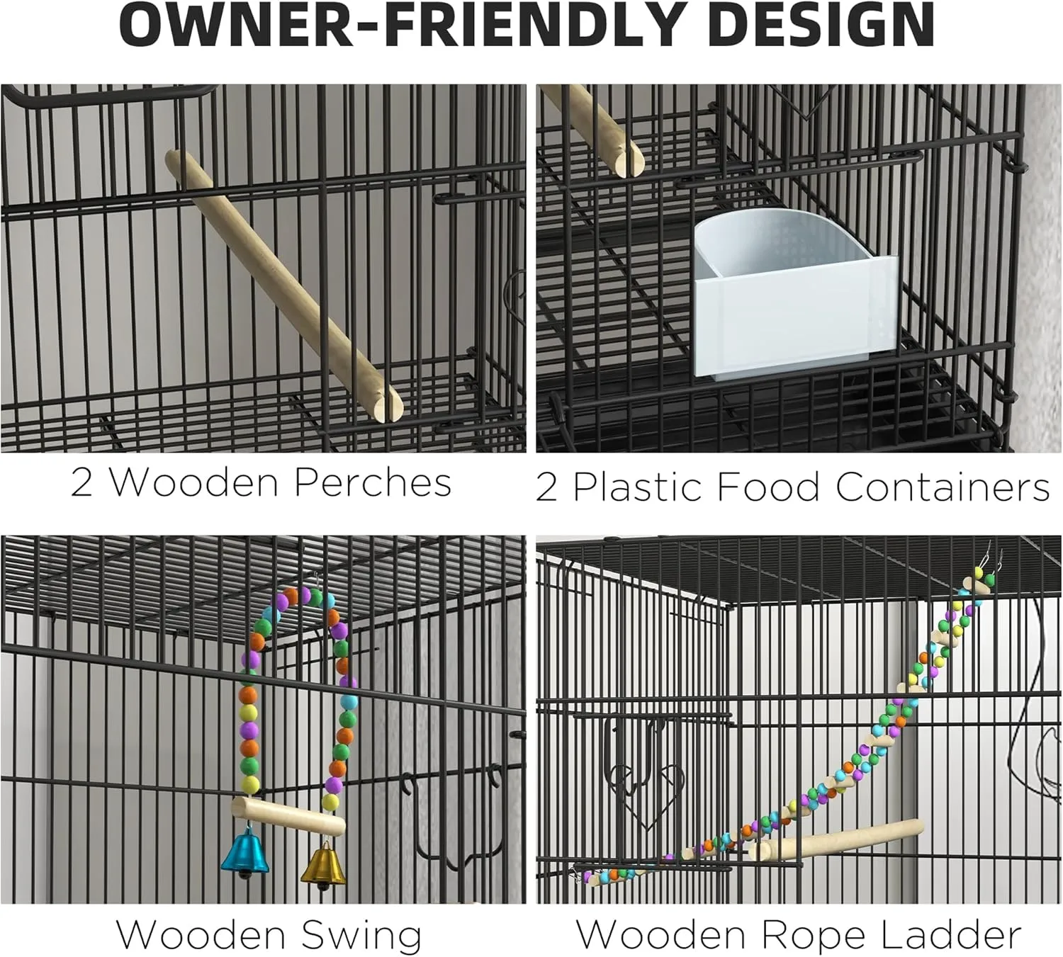 NicBex 64.5" Double Stackable Bird Cage, Large Parakeet Cages with Stand,Pet Flight Birdcage for Parrot Lovebirds Finches Parakeets Budgie Parrotlet Conures,Wooden Swing, Rope Ladder & Wheels,Black