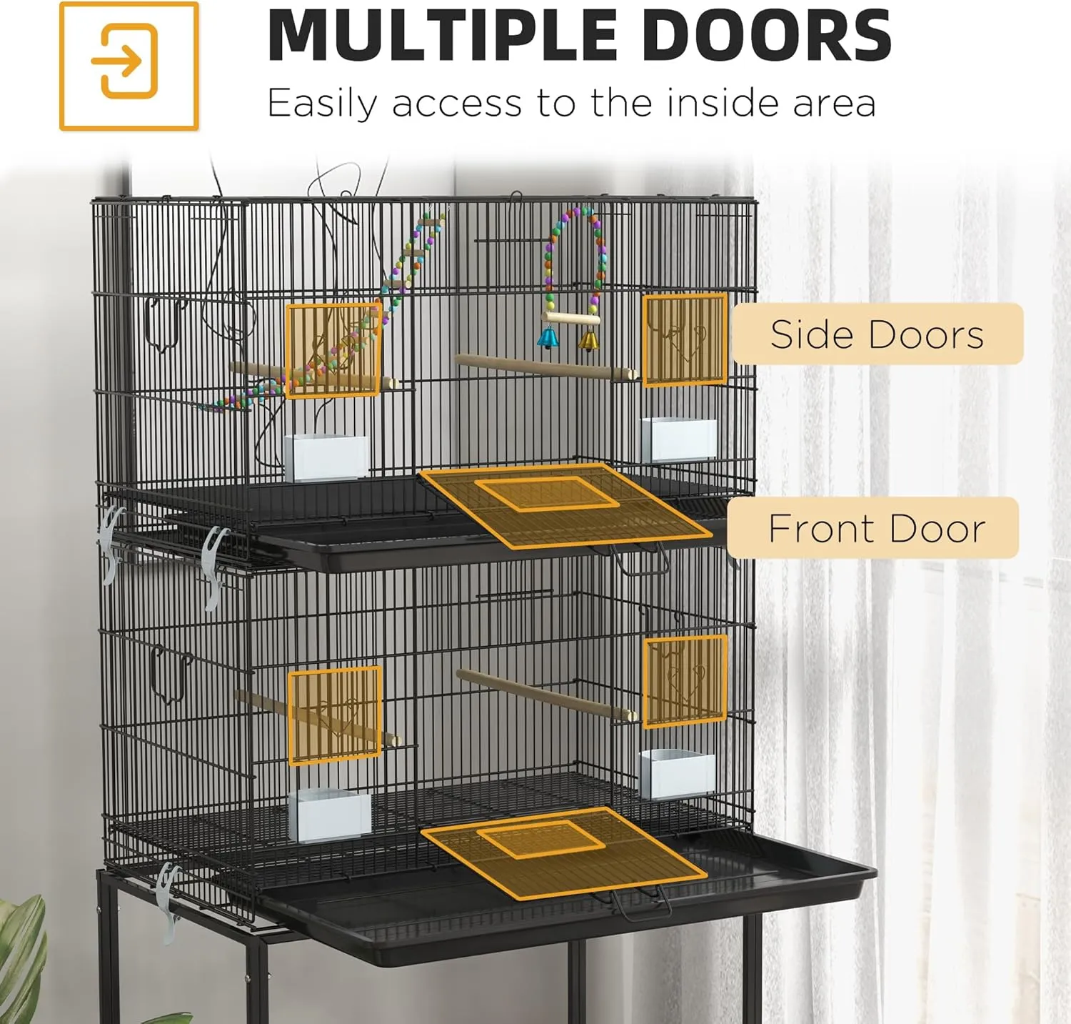 NicBex 64.5" Double Stackable Bird Cage, Large Parakeet Cages with Stand,Pet Flight Birdcage for Parrot Lovebirds Finches Parakeets Budgie Parrotlet Conures,Wooden Swing, Rope Ladder & Wheels,Black