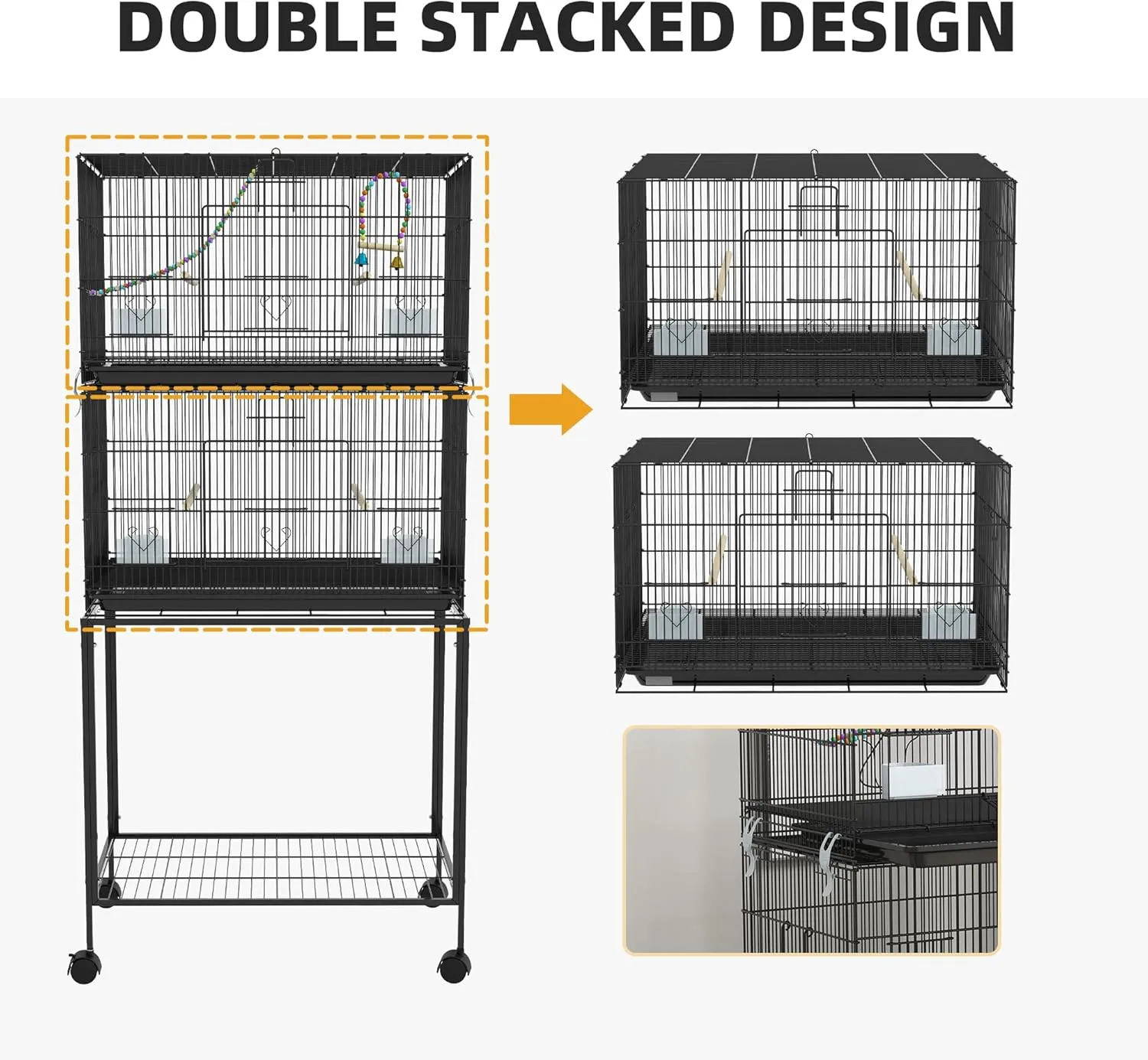 NicBex 64.5" Double Stackable Bird Cage, Large Parakeet Cages with Stand,Pet Flight Birdcage for Parrot Lovebirds Finches Parakeets Budgie Parrotlet Conures,Wooden Swing, Rope Ladder & Wheels,Black