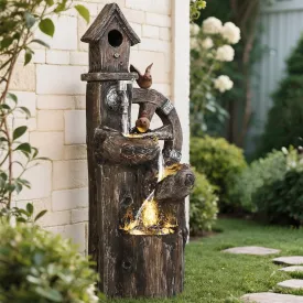 Outsunny Outdoor Water Fountain, Decorative Garden Birdhouse, 3-Tier Cascading Waterfall with LED Lights and Water Wheel, Soothing Tranquility for Home Garden, Yard Decor