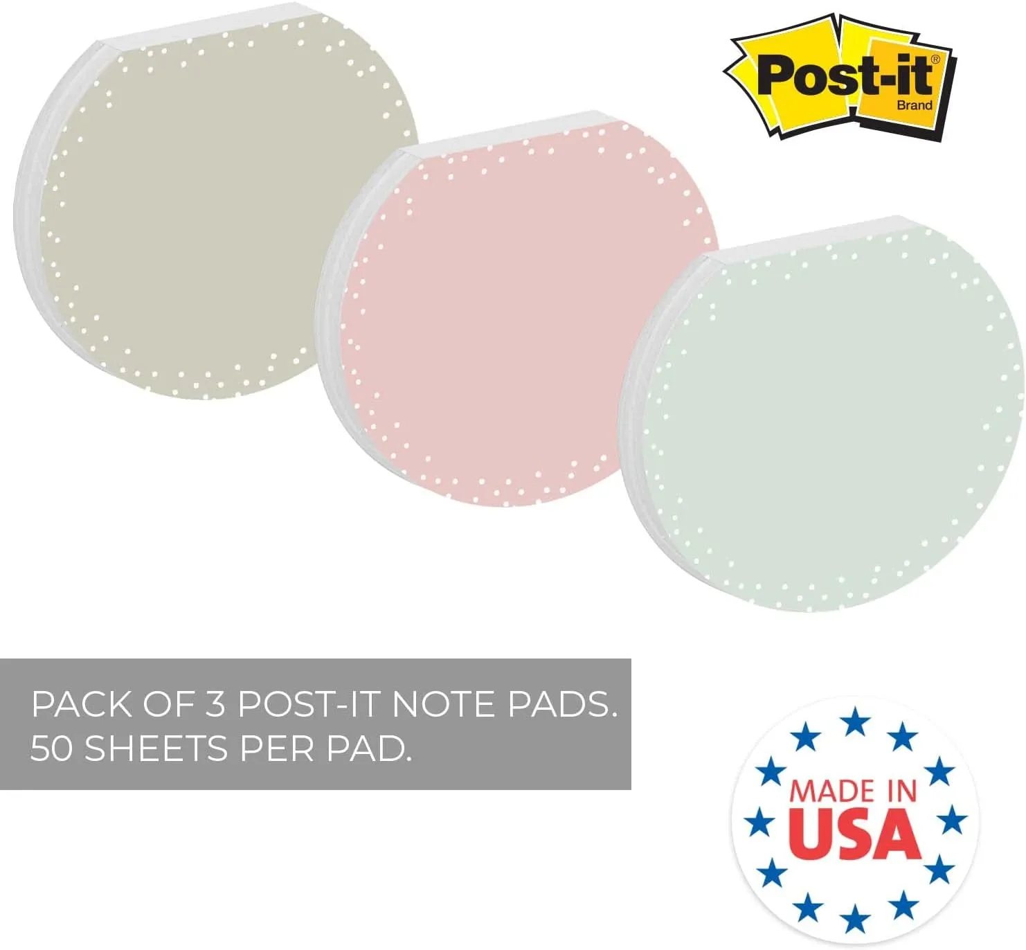 Pastel Sticky Note Pad Assortment/Set of 3 Round Flat Top Polkadot Pattern Note Pads / 3.5" Modern Sticky Notes / 50 Sheets Per Pad/Made in USA