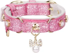 PetsHome Cat Collar, Dog Collar, [Bling Rhinestones] PU Leather Adjustable Pet Collar with Luxury Pendant for Cat and Small Dog Extra Small Pink