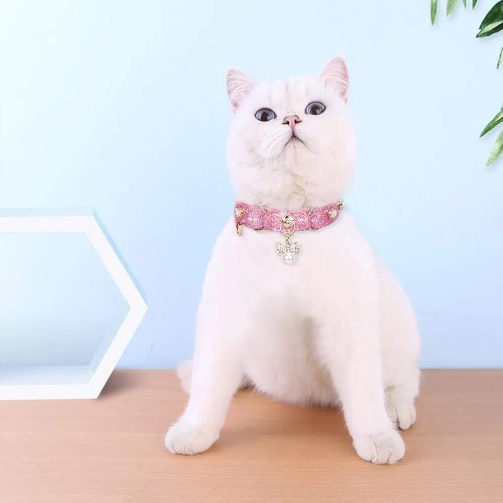 PetsHome Cat Collar, Dog Collar, [Bling Rhinestones] PU Leather Adjustable Pet Collar with Luxury Pendant for Cat and Small Dog Extra Small Pink