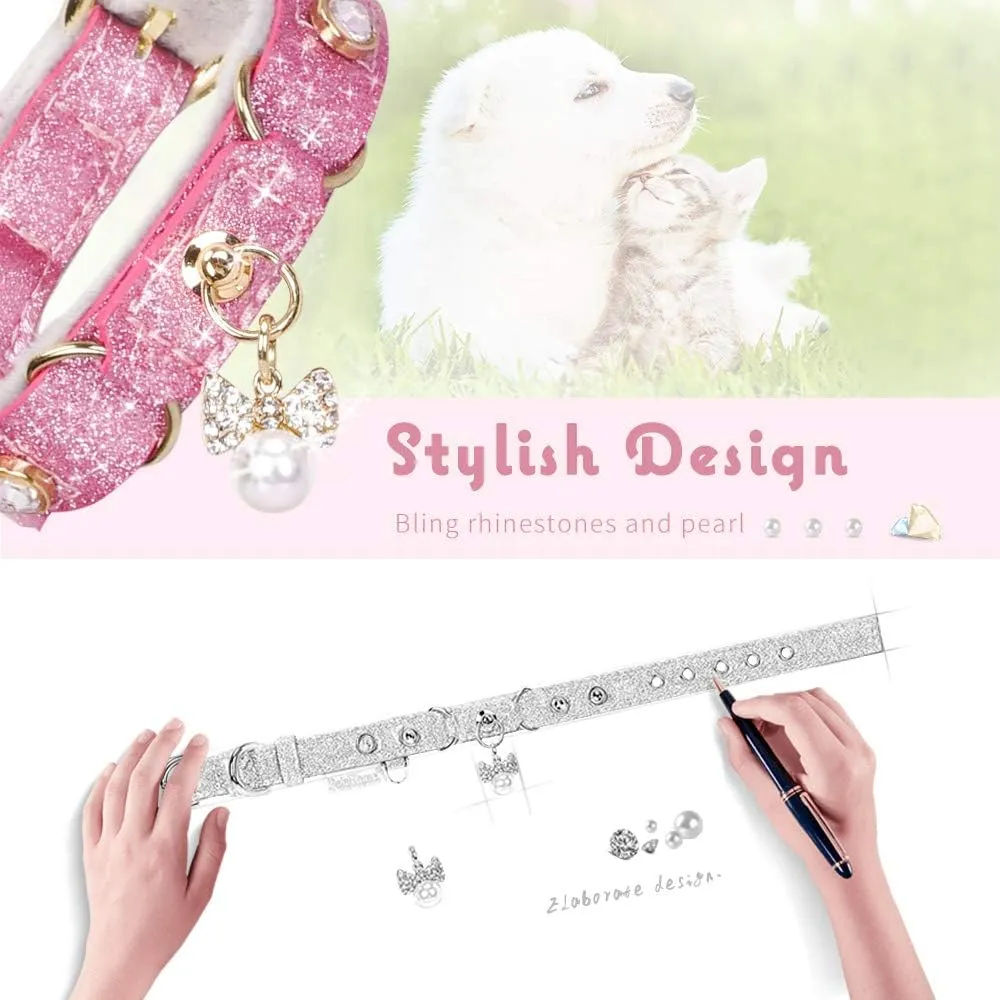 PetsHome Cat Collar, Dog Collar, [Bling Rhinestones] PU Leather Adjustable Pet Collar with Luxury Pendant for Cat and Small Dog Extra Small Pink