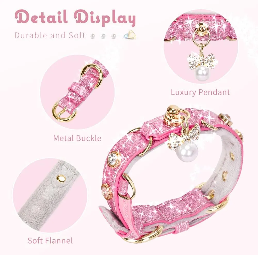 PetsHome Cat Collar, Dog Collar, [Bling Rhinestones] PU Leather Adjustable Pet Collar with Luxury Pendant for Cat and Small Dog Extra Small Pink