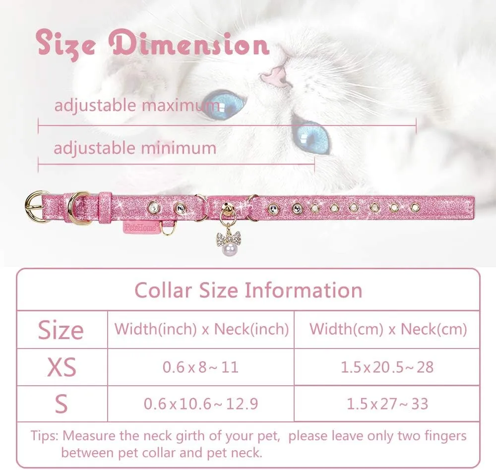 PetsHome Cat Collar, Dog Collar, [Bling Rhinestones] PU Leather Adjustable Pet Collar with Luxury Pendant for Cat and Small Dog Extra Small Pink