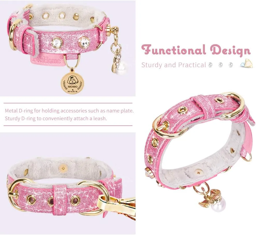 PetsHome Cat Collar, Dog Collar, [Bling Rhinestones] PU Leather Adjustable Pet Collar with Luxury Pendant for Cat and Small Dog Extra Small Pink