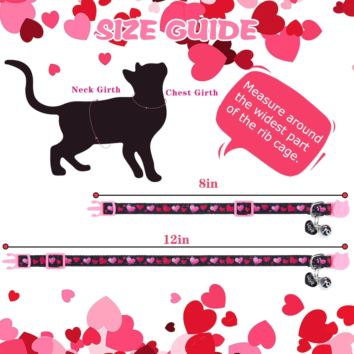 PUPTECK 3 Pack Cat Collar with Bells Breakaway - Safety Small Kitten Collar Adjustable Heart Pink Red Black, 8-12 in
