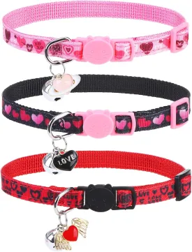 PUPTECK 3 Pack Cat Collar with Bells Breakaway - Safety Small Kitten Collar Adjustable Heart Pink Red Black, 8-12 in