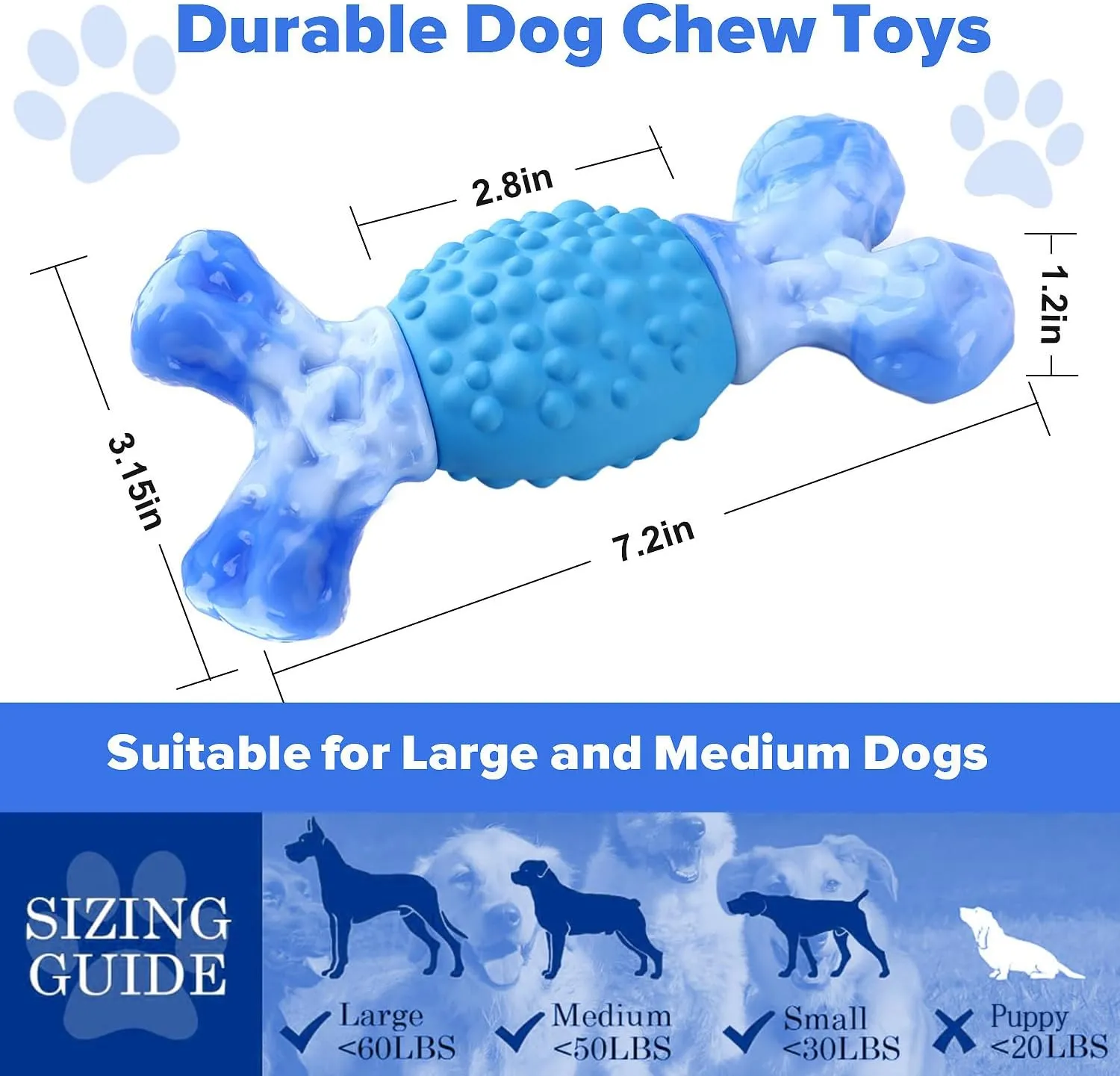 Rensh Tough Dog Chew Toys for Medium and Large Breeds, Sturdy Dog Toys for Aggressive Chewers, Nearly Indestructible Bones Toy for Super Chewers Long Lasting, Teeth Cleaning & Milk Flavored (Blue)