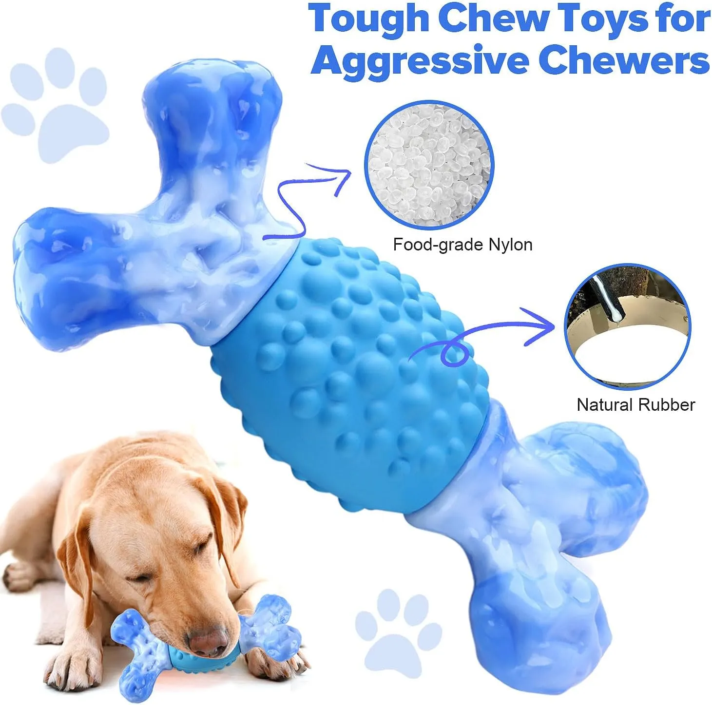 Rensh Tough Dog Chew Toys for Medium and Large Breeds, Sturdy Dog Toys for Aggressive Chewers, Nearly Indestructible Bones Toy for Super Chewers Long Lasting, Teeth Cleaning & Milk Flavored (Blue)