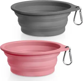 Rest-Eazzzy 2-Pack Silicone Collapsible Dog Bowls, BPA Free Dishwasher Safe, Portable Foldable Travel Bowl, Food Water Feeding Cup Dish for Dogs Cats with 2 Carabiners (Grey, Pink, 550 ML)