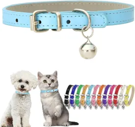 Sky Blue Puppy Collar with Bell Leather XXS Dog Collar with Bell Adjustable Buckle Kitten Cat Collars for XXSmall XS Tiny Little Extra Small Breed Pets Boys Girls Like Chihuahua, XX-Small