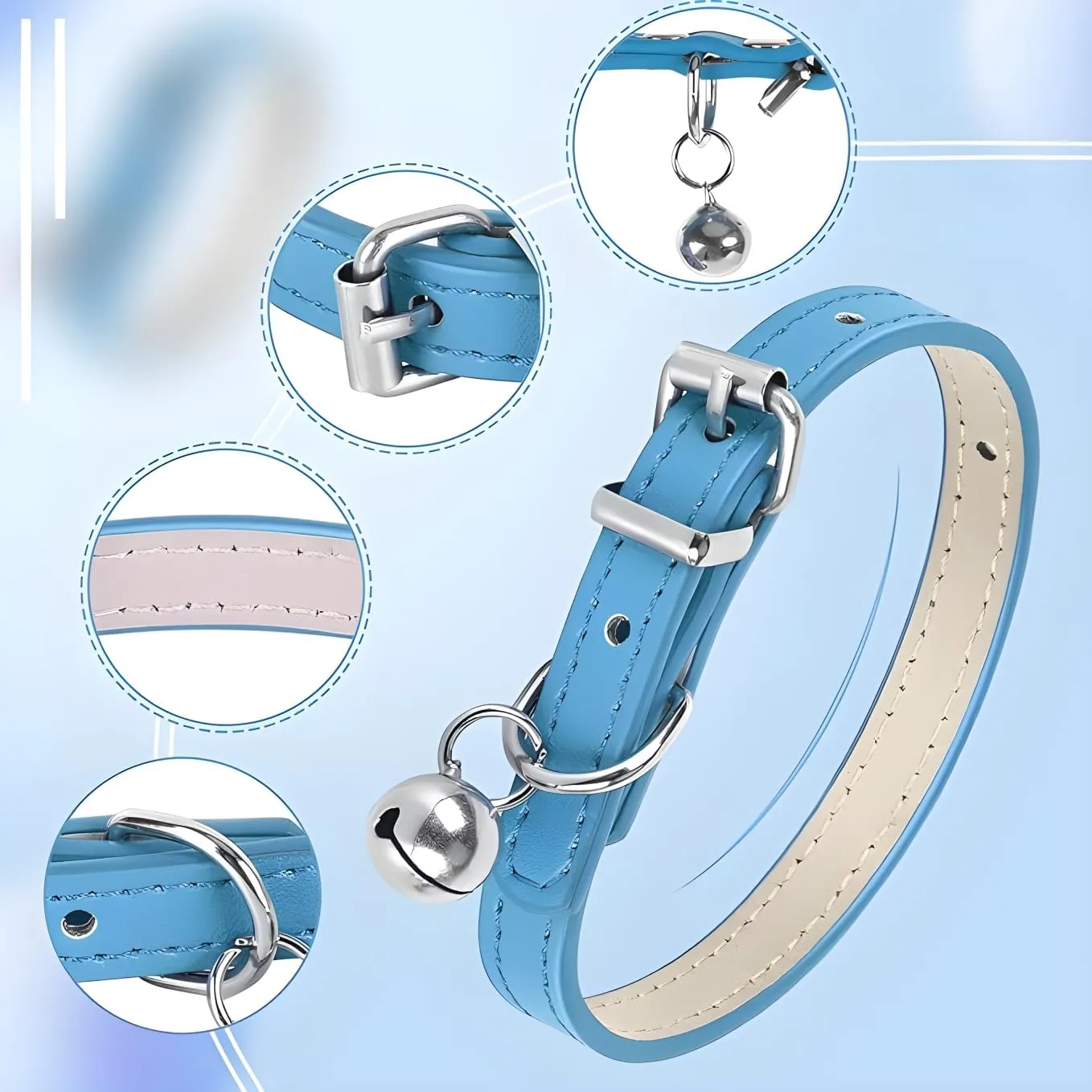 Sky Blue Puppy Collar with Bell Leather XXS Dog Collar with Bell Adjustable Buckle Kitten Cat Collars for XXSmall XS Tiny Little Extra Small Breed Pets Boys Girls Like Chihuahua, XX-Small