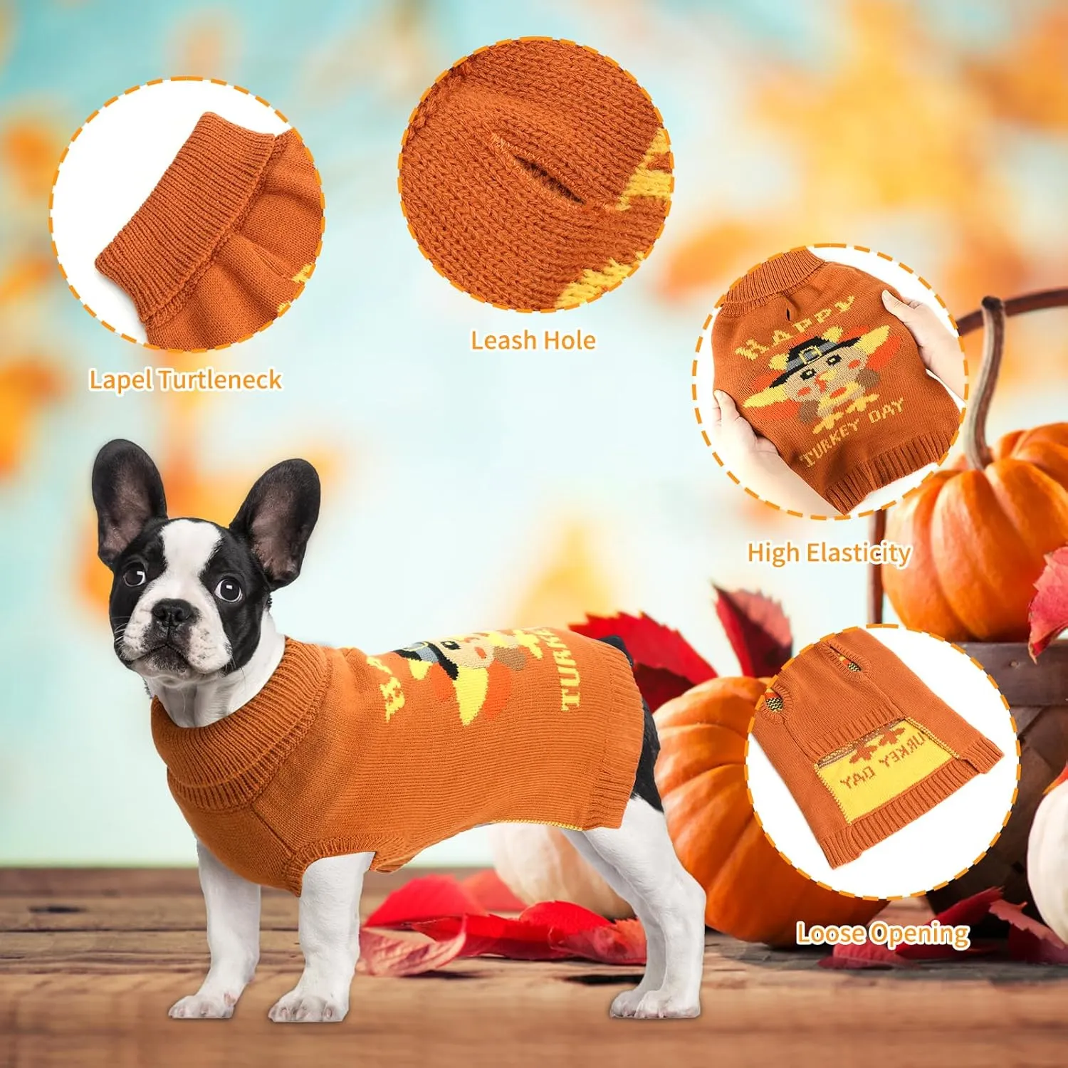 Thanksgiving Dog Turkey Sweaters Pullover Knitwear,Thick Warm Pet Knitted Clothes, Fall Turtleneck Dog Sweaters for Medium Large Dogs Girl Boy Pet Outfits Sweatshirt for Cold Weather S