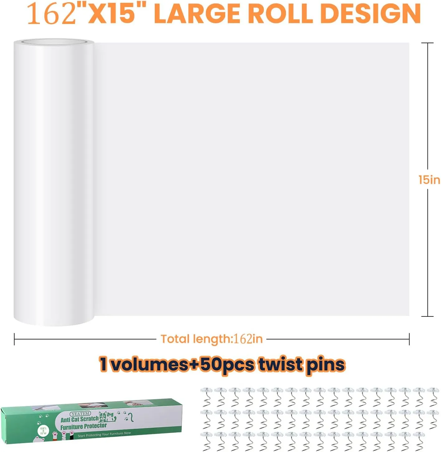 [Thicken Vinyl] Cat Scratch Furniture Protector, 162"x15" Couch Protector from Cat Claws, Single-Sided Sticky Anti Scratch Furniture Protector,Extended Size Protects More Furniture 50 Fixing