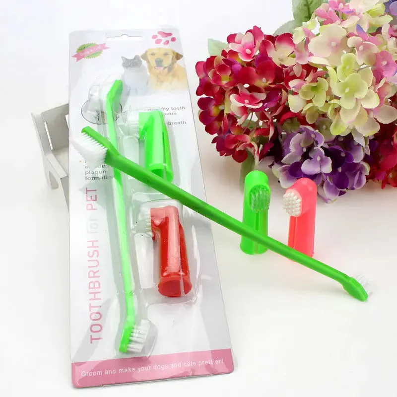 Two Headed Dog Toothbrush Set Canine Dental Hygiene Brush with 2 Finger Brushes Soft Bristles