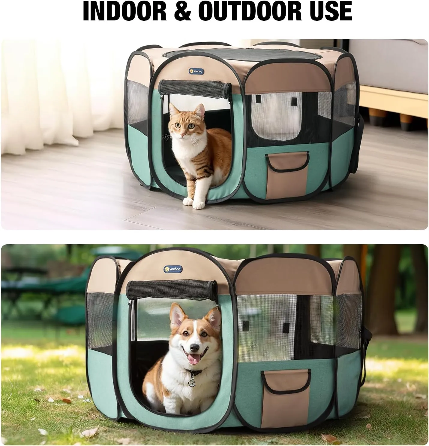 Veehoo Portable Dog Playpen - Medium Dog Playpen Indoor/Outdoor with Removable Zipper Top, Foldable Dog Play Pen Pet Playpen with Carrying Case, Green